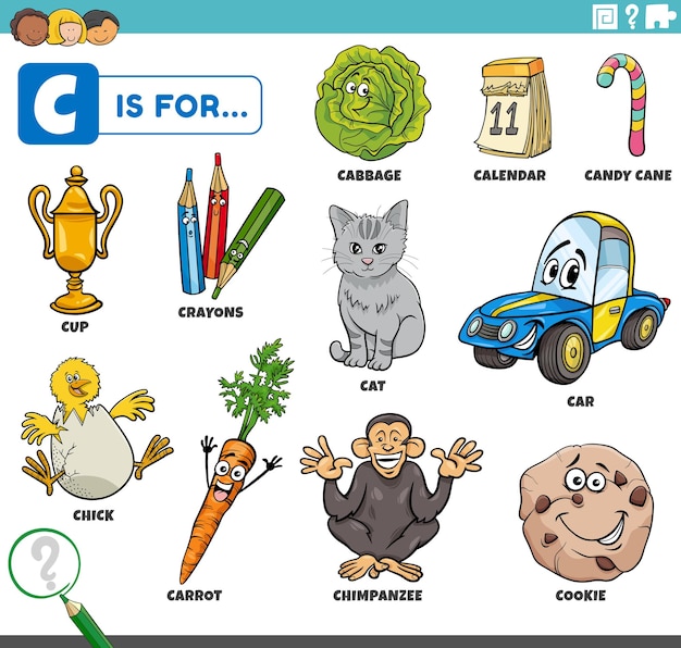 Cartoon characters and objects starting with letter c educational set