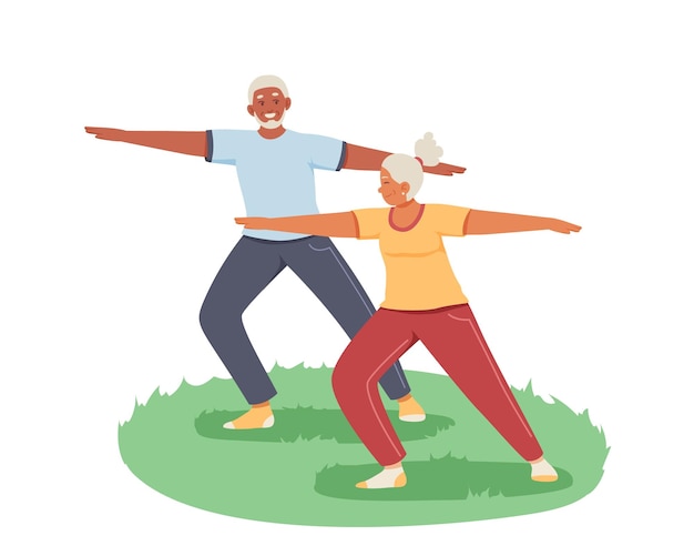 Vector cartoon characters of old people doing sports together outside