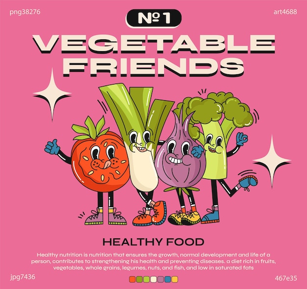 Cartoon characters vegetables in retro style vegan food illustration with typography elements