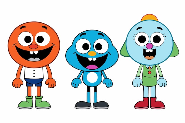 Вектор Мультфильмы с разными выражениями лица, а у одного - синий персонаж с голубым лицом.