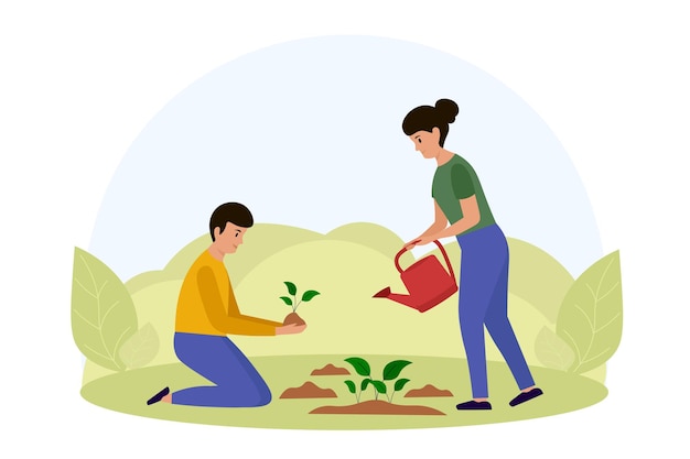 Cartoon characters of young couple planting tree together