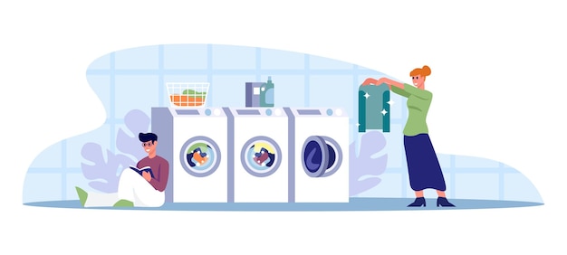 Vector cartoon characters of young people using laundry services