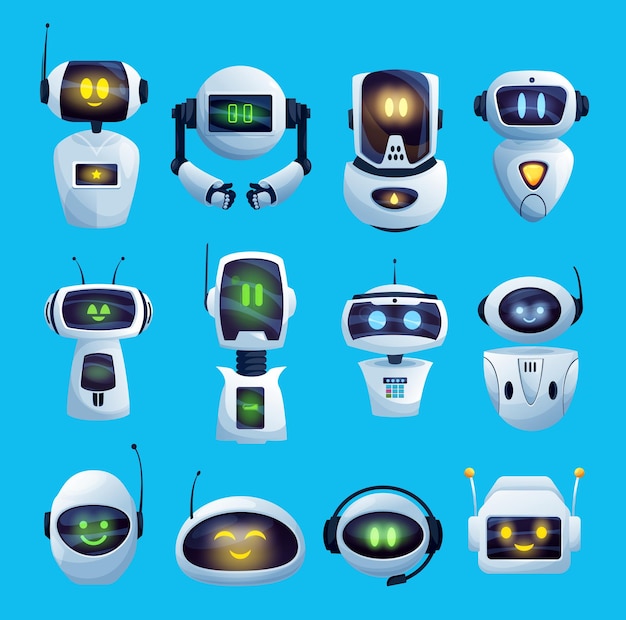 Cartoon chat bot and robots icons, cyborg characters