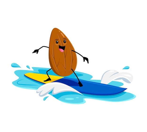 Cartoon cheerful almond nut character enjoys summer beach vacation, catching waves on a surfboard. isolated vector personage at perfect adventure-filled getaway with shining sun and crashing waves