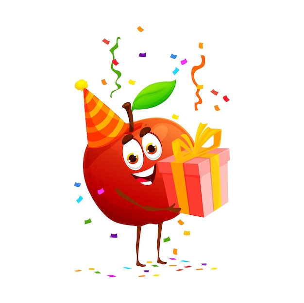 Мультяшный веселый яблочный фруктовый персонаж на вечеринке по случаю дня рождения, юбилейном празднике, юбилейном событии, вечеринке по случаю дня рождения или праздничном поздравлении, милый фруктовый векторный персонаж с подарочной коробкой конфетти