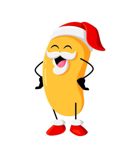 Cartoon cheerful Christmas holiday mango fruit character wear Santa Claus hat. Isolated vector festive and merry father Noel personage laugh with arms akimbo. Cheerful comic saint Nicholas smile