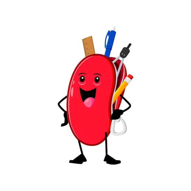 Cartoon cheerful funny school stationery character with a smiling face zipper and vibrant red color always ready to hold creative tools Isolated vector whimsical personage brimming with items