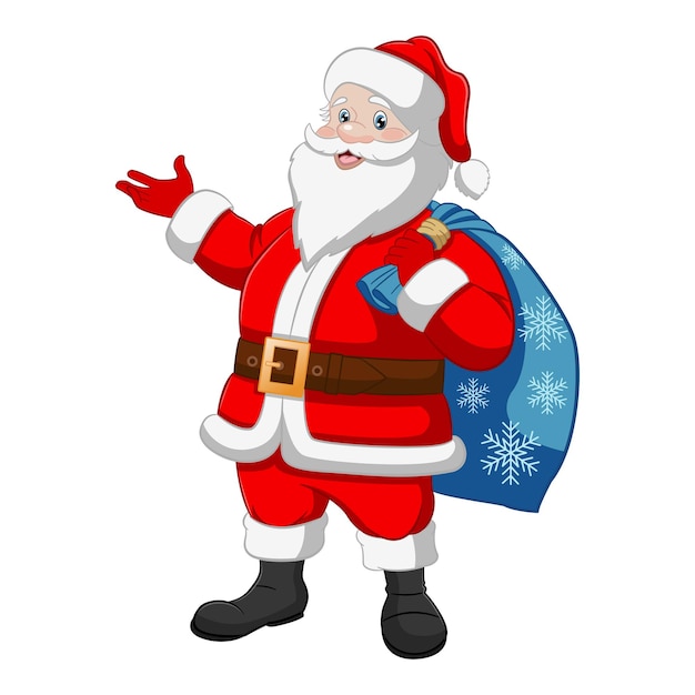 Cartoon Cheerful Santa Claus with a Bag of Gifts