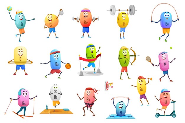 Vector cartoon cheerful vitamin characters on sport play