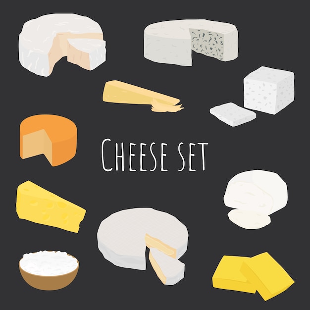 Cartoon cheese types set. different cheese types simple design.