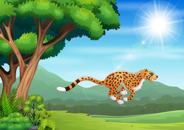 Cartoon cheetah jumping in the nature landscape