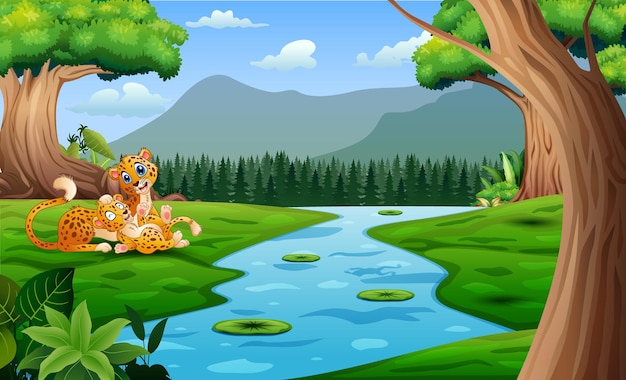 Cartoon cheetah met haar welp spelend bij de rivier