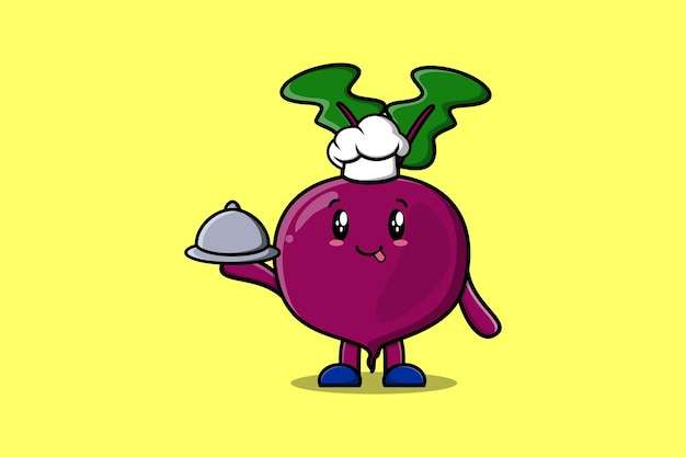 Cartoon chef Beetroot mascot serving food on tray