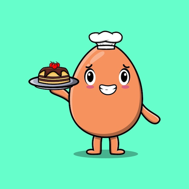 Cartoon chef brown cute egg serving cake on tray