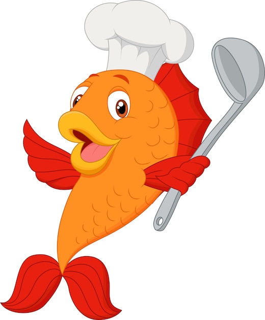 Vector cartoon chef fish holding soup ladle