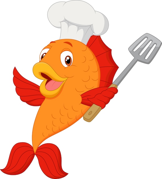 Vector cartoon chef fish holding spatula