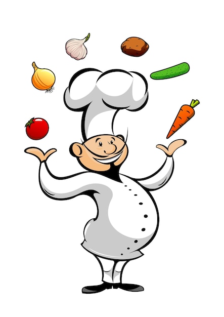 Мультяшный шеф-повар жонглирует свежими овощами