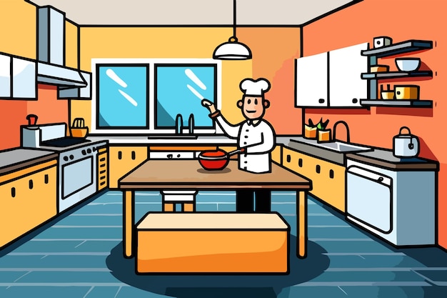 A cartoon chef in a kitchen with a sink and a window above it.