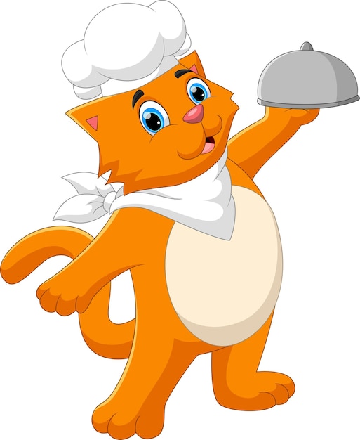 Cartoon chef-kok kat met dienblad