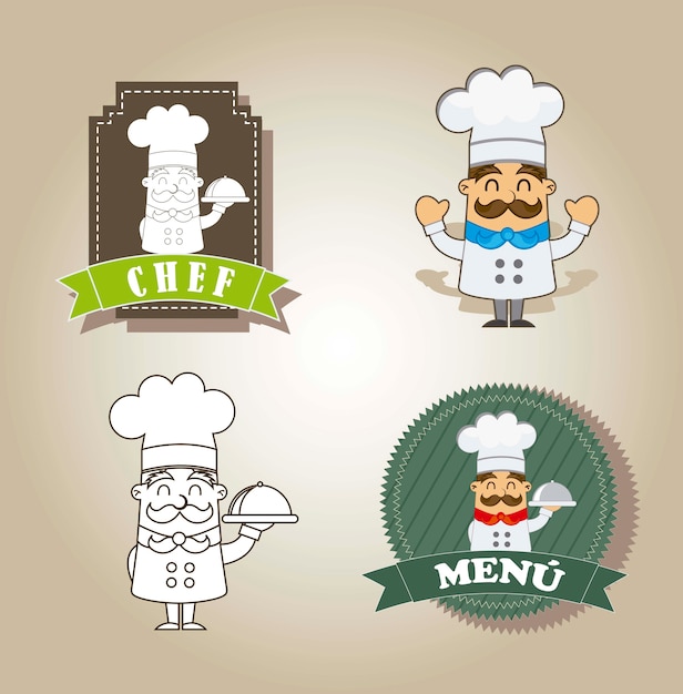 Cartoon chef-kok met labels over bruine achtergrond vector