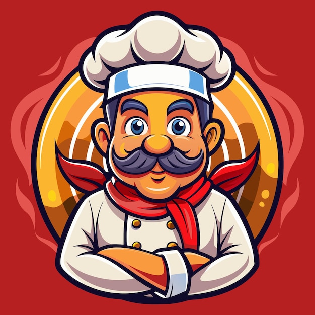 Cartoon chef met een rode sjaal en een witte chefhoed