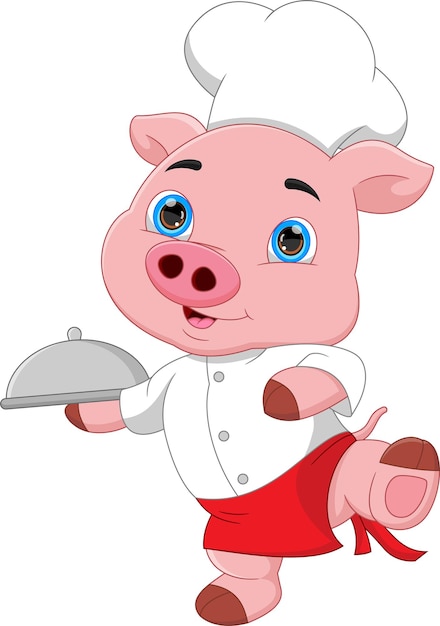 Cartoon chef pig carrying food tray on white background