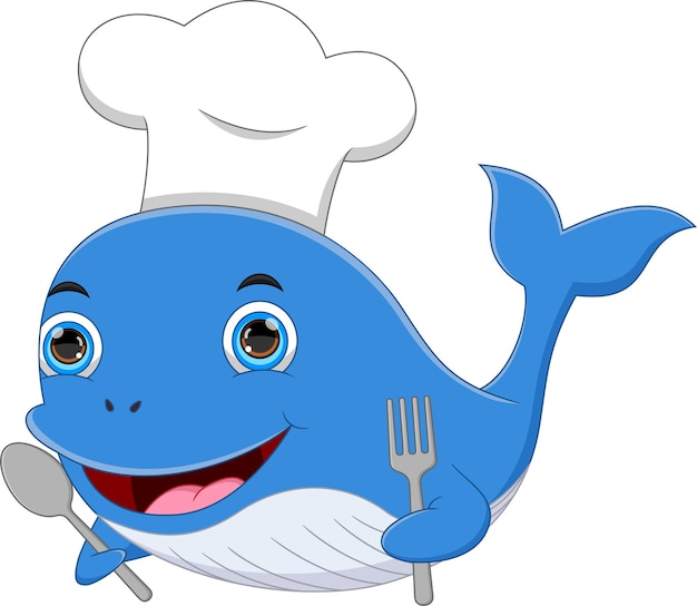 cartoon chef whale holding spoon and fork