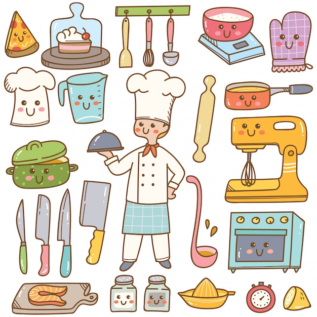 Vector cartoon chef with cooking equipment kawaii doodle