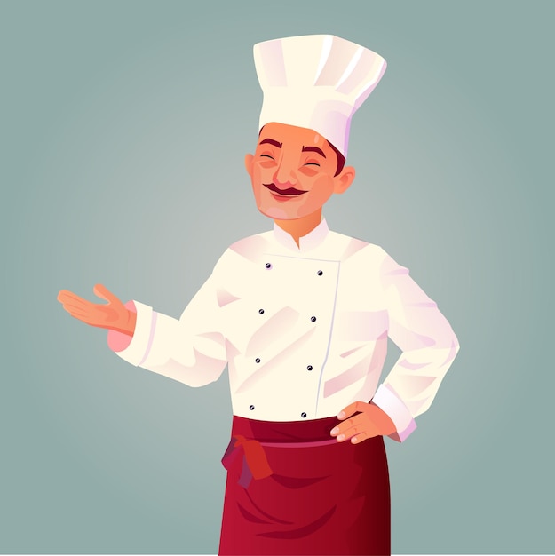 Cartoon chef with a mustache in restaurant