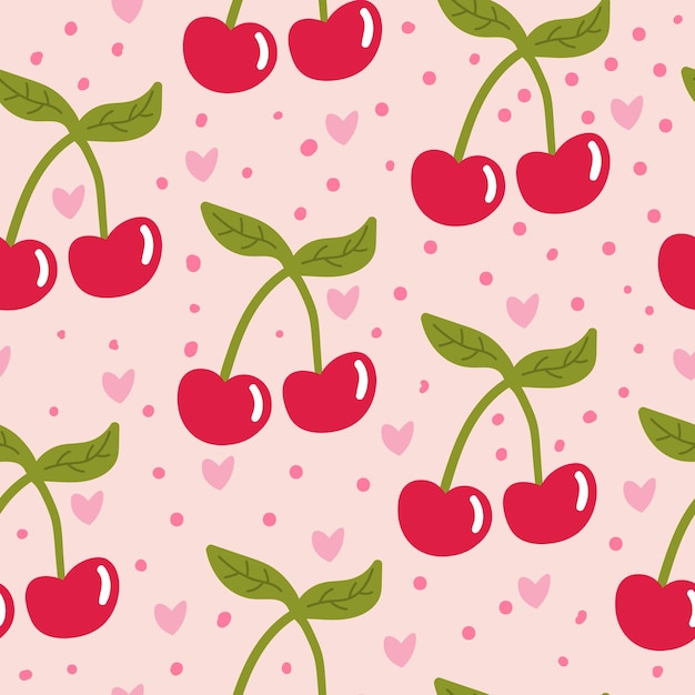 Cartoon cherry seamless pattern.  Fruit background. Wrapping paper, textile, cover, infinity card.