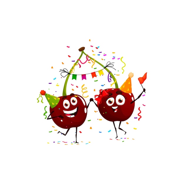 Cartoon cherry twins character birthday holiday Kids party berry comical mascot children holiday event or child birthday congratulating cherry isolated vector happy personages in confetti