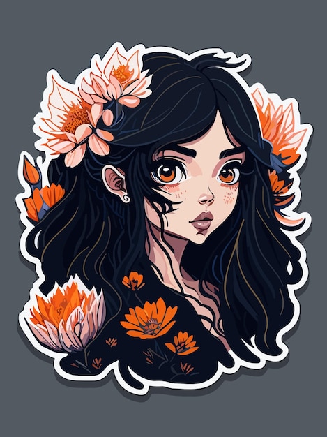 Cartoon chibi animestyle artwork of beautiful woman elf with flower