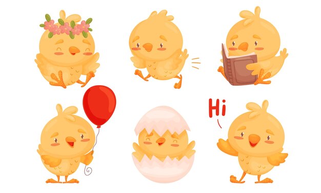 Vector cartoon chicken character wearing floral wreath and greeting vector set