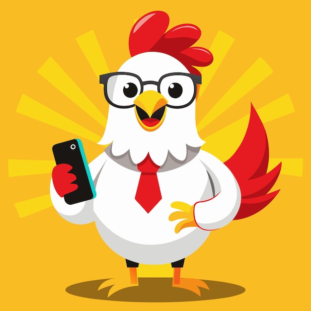 a cartoon of a chicken holding a phone and wearing glasses