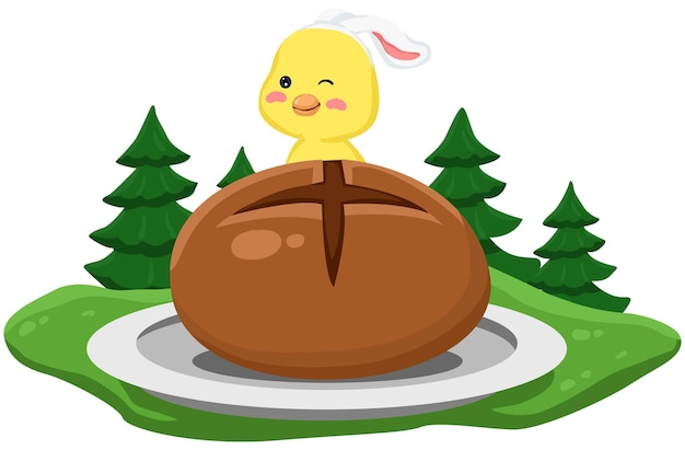 A cartoon chicken is sitting on a plate with a loaf of bread.