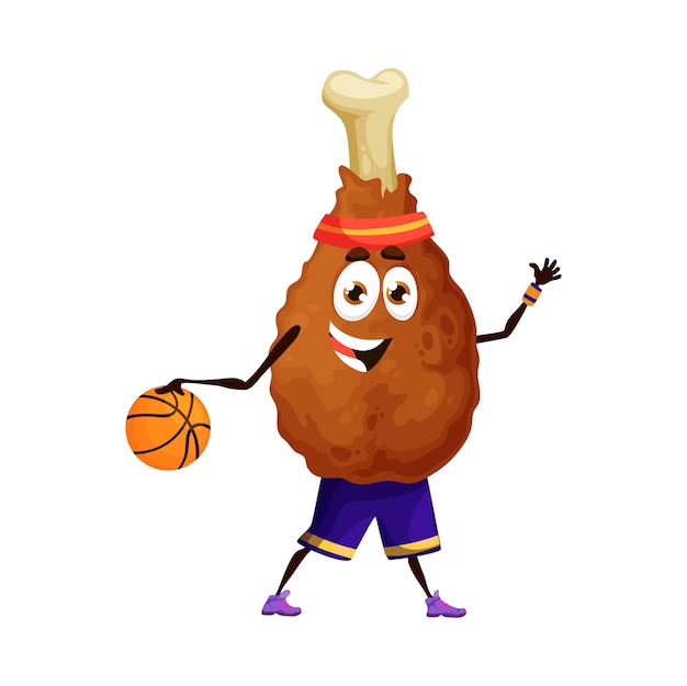 Cartoon chicken leg character playing basketball
