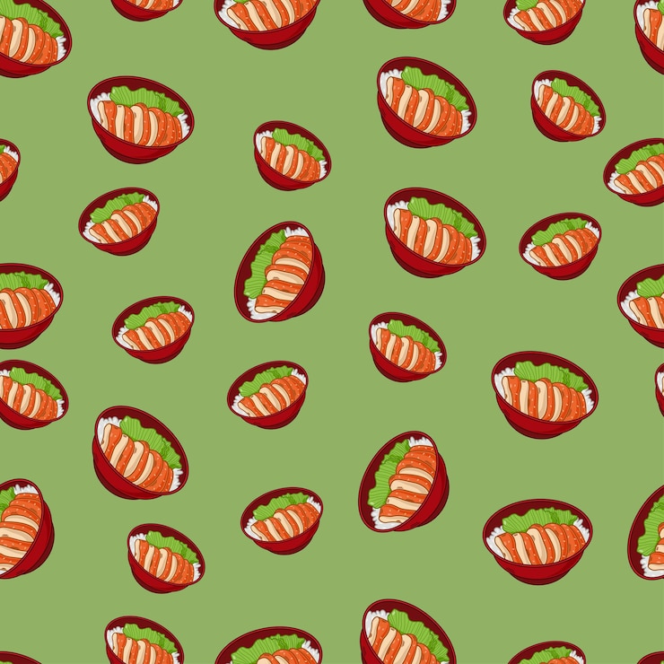 Vector cartoon chicken teriyaki japanese food seamless pattern on colorful background