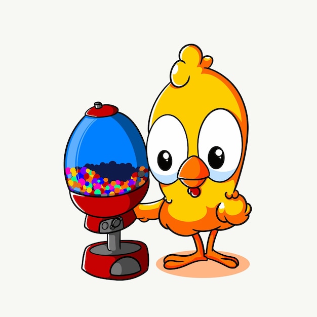 cartoon chicken with candy machine illustration