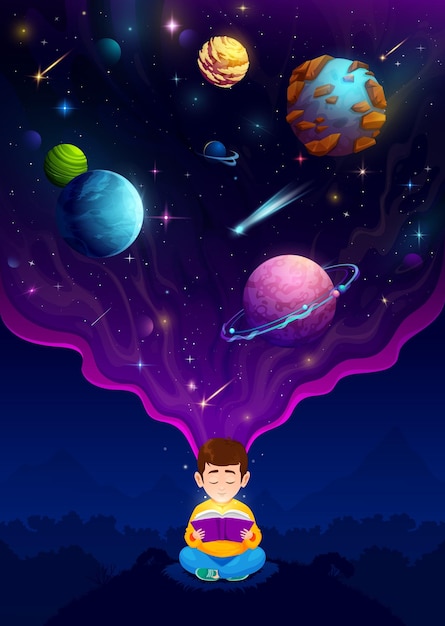 Vector cartoon child boy reading a book about space