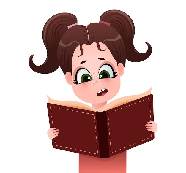Personaggio dei cartoni animati. bambina che legge un libro. emozione sorpresa. personaggio dei cartoni animati.