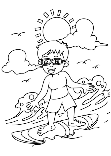 Cartoon child playing surfing on the beach coloring page for kids vector