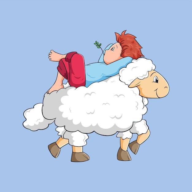Vector cartoon child riding a sheep