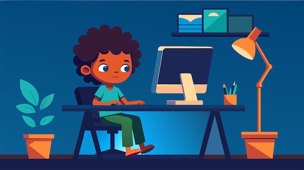 Cartoon child using computer at home vector illustration