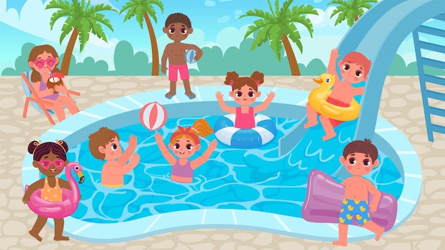 Мультяшные дети на вечеринке у бассейна плавают, играют и загорают малыш на водной горке летние каникулы веселое занятие для детей векторный плакат иллюстрация плавания в бассейне детей