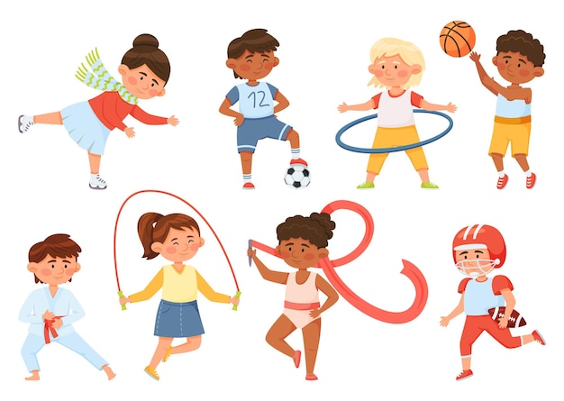 Вектор Мультяшные дети, тренирующиеся, дети, занимающиеся спортивной гимнастикой, мальчик, девочка, играют в мяч, катание на коньках, векторный набор