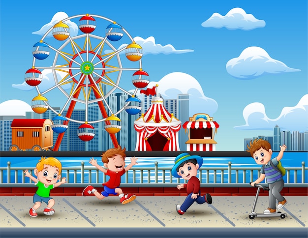 Vector cartoon of children having fun on the lakeside