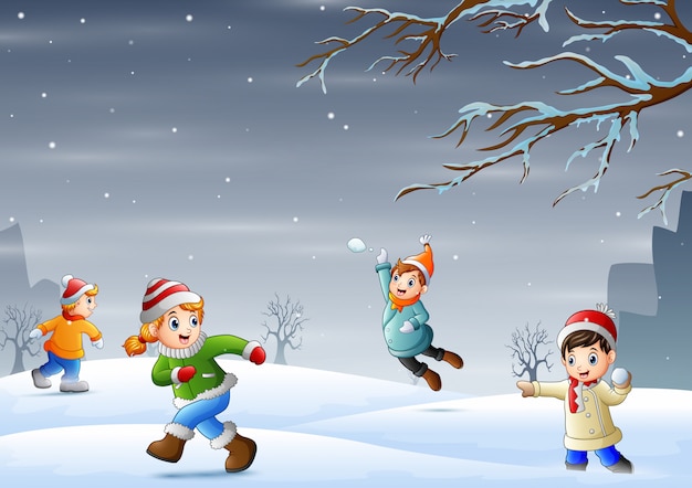 Cartoon the children having fun on snowy outdoors