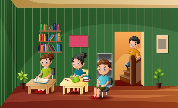 Cartoon the children learning in the class