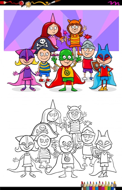 Vector cartoon children at the masked ball coloring book