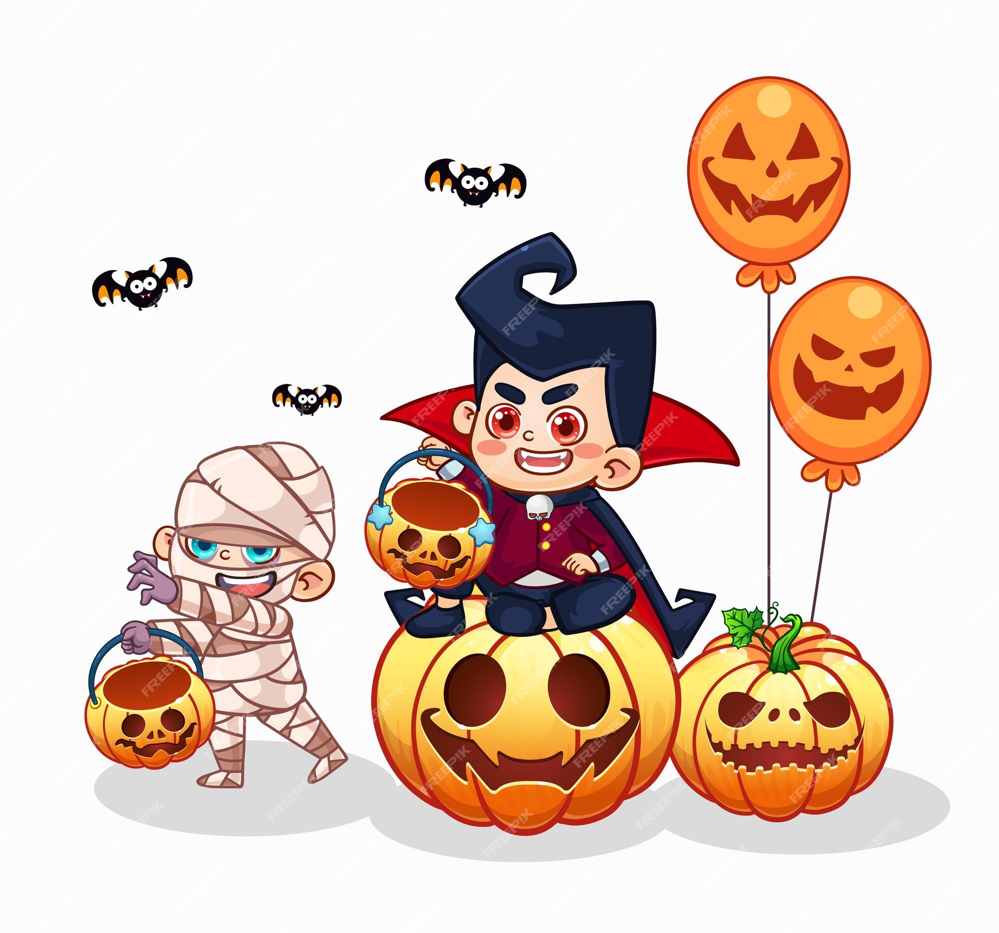 Premium Vector | Cartoon children mummy and vampire costume halloween party